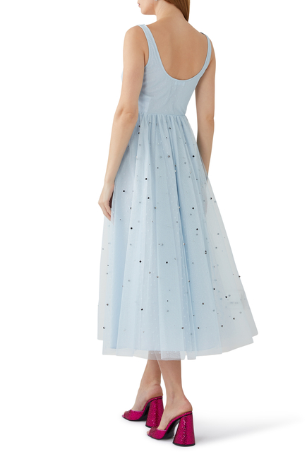 Crystal-Embellished Ruched Tulle Midi Dress